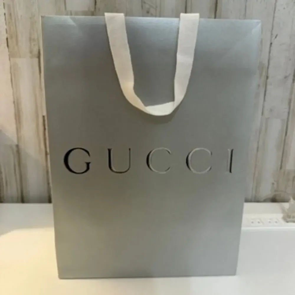 Gucci Boutique Shopping Gift Bag Silver White Ribbon Handles Reusable
